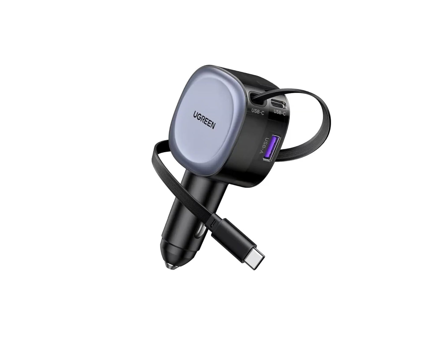 Ugreen EC601 75W car charger with 2-in-1 retractable USB-C Lightning cable at Thabthaba Store Qatar.