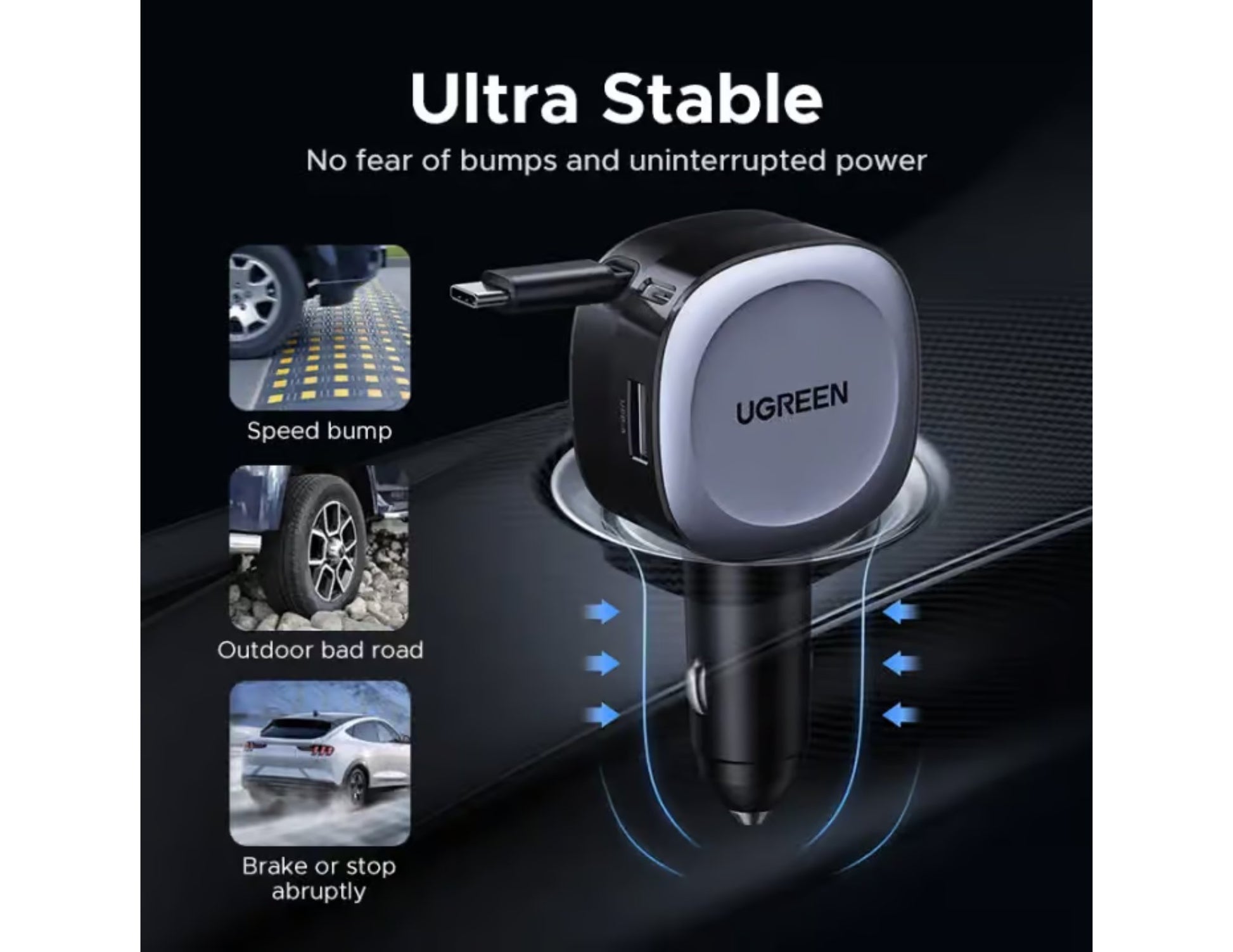 Ugreen EC601 75W car charger with 2-in-1 retractable USB-C Lightning cable at Thabthaba Store Qatar.