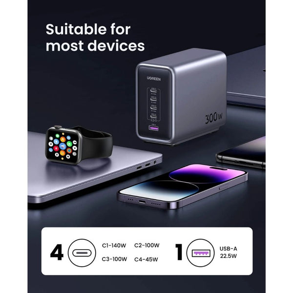 Ugreen Nexode 300W 5-port GaN fast charger CD333 UK plug with 4 USB-C and 1 USB-A ports Qatar