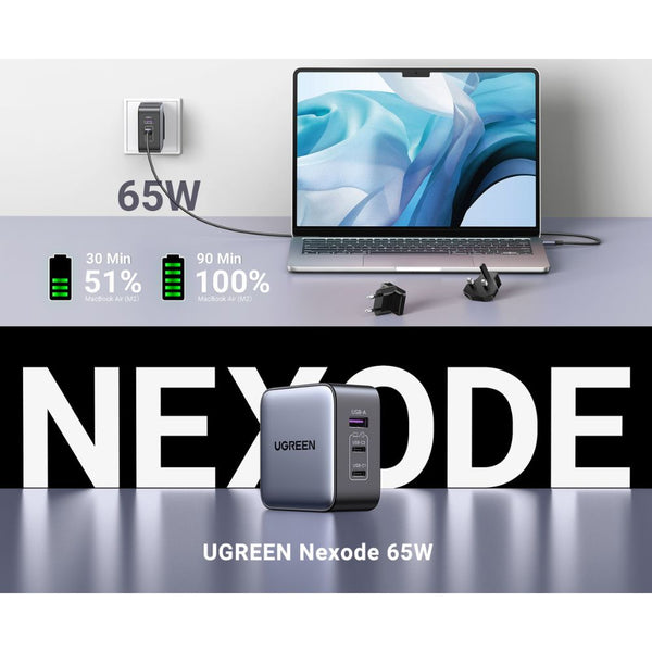 UGREEN Nexode CD296 65W 3-port GaN charger with USB-C USB-A US UK EU travel plugs Qatar