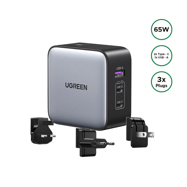 UGREEN Nexode CD296 65W 3-port GaN charger with USB-C USB-A US UK EU travel plugs Qatar