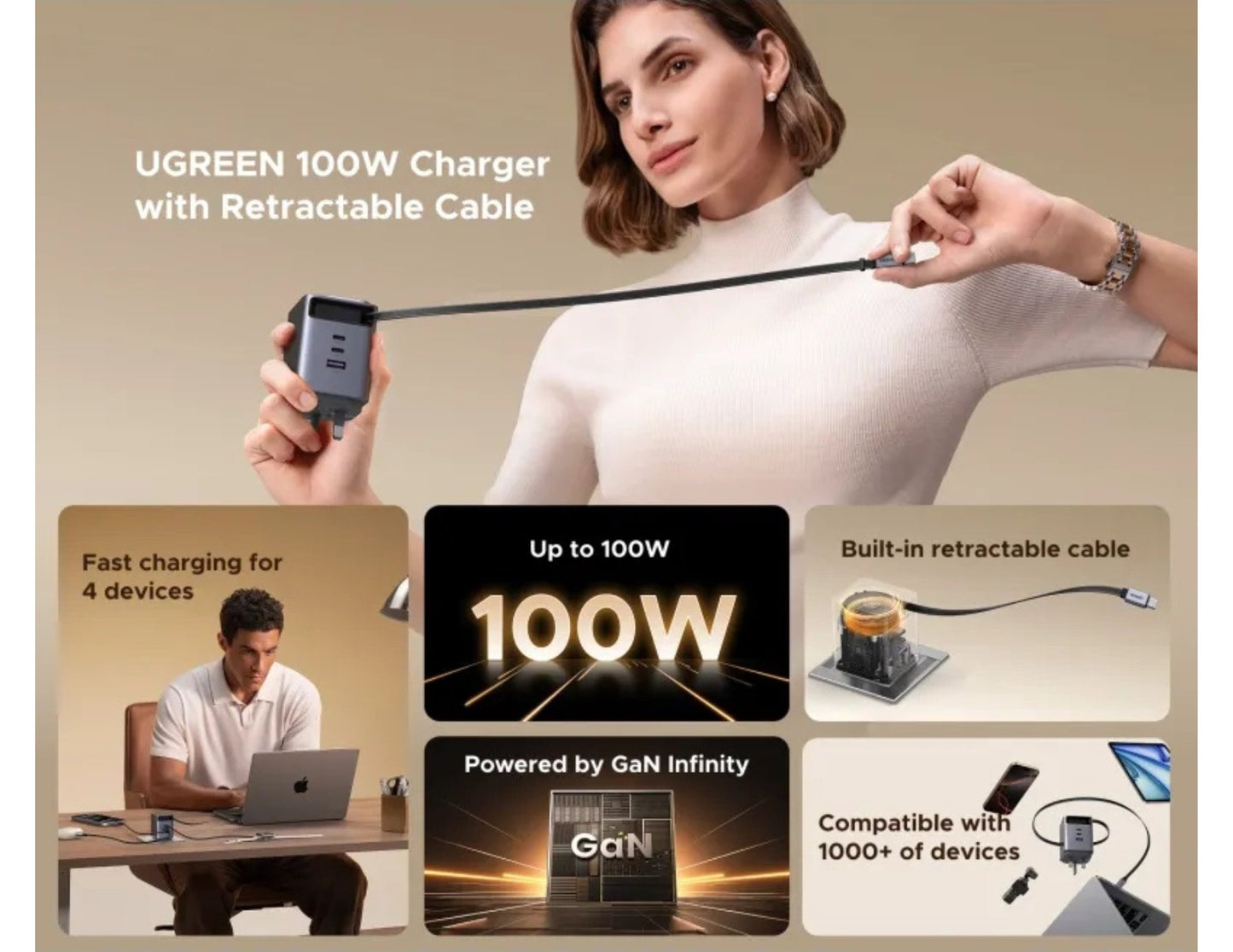 Ugreen Nexode Pro GaN 100W Fast Charger Retractable USB-C Cable X616 Qatar