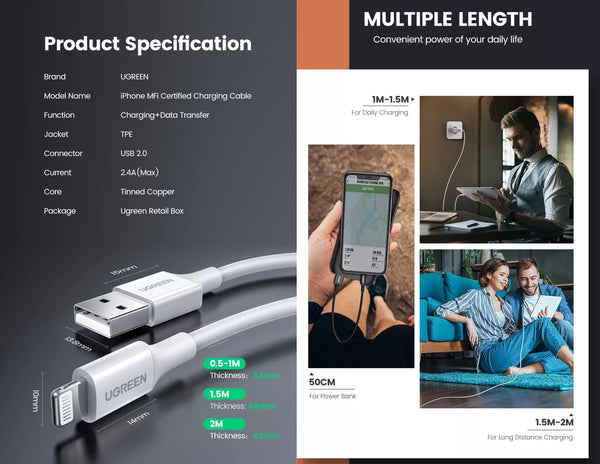 Ugreen USB-A to Lightning MFi certified cable 2M white at Thabthaba Store Qatar.