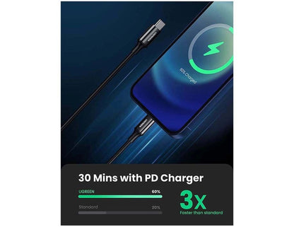 Ugreen USB-C to Lightning 60W PD fast charging cable 1M black with nickel ABS at Thabthaba Store Qatar.