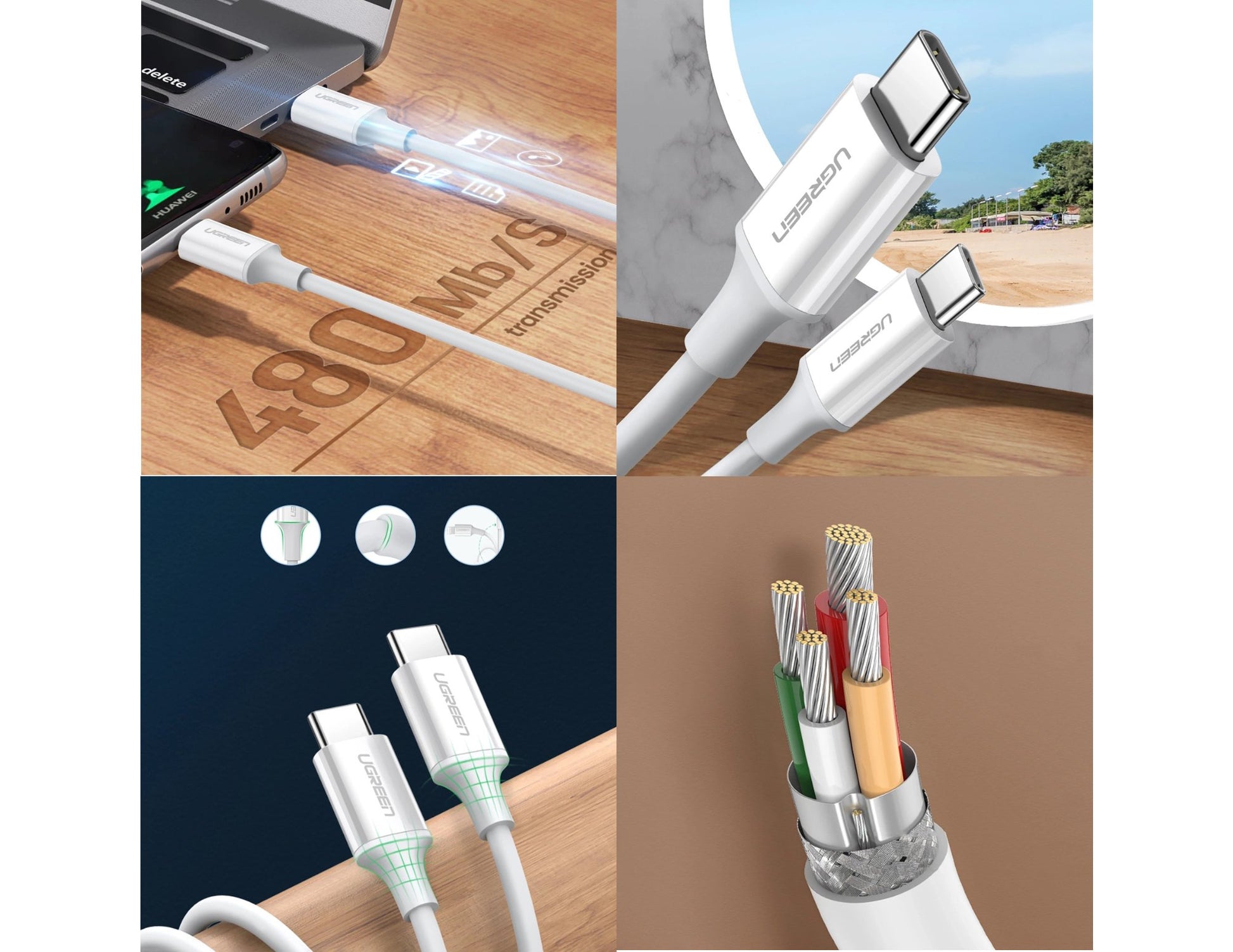Ugreen USB-C to USB-C 60W 2M white fast charging cable at Thabthaba Store Qatar.
