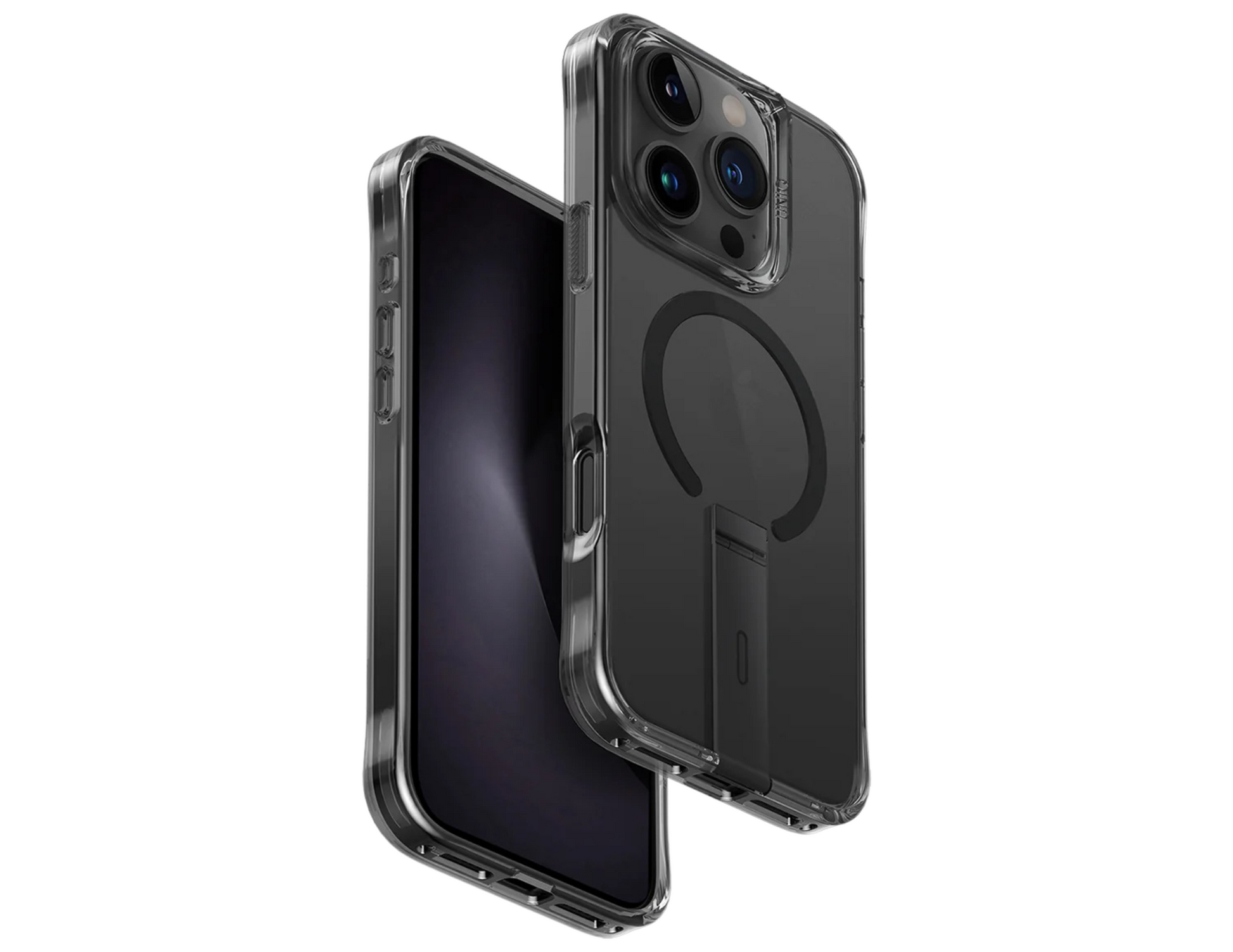 Front view of Uniq Eleva Case Black on iPhone 16 Pro Max showing sleek design.