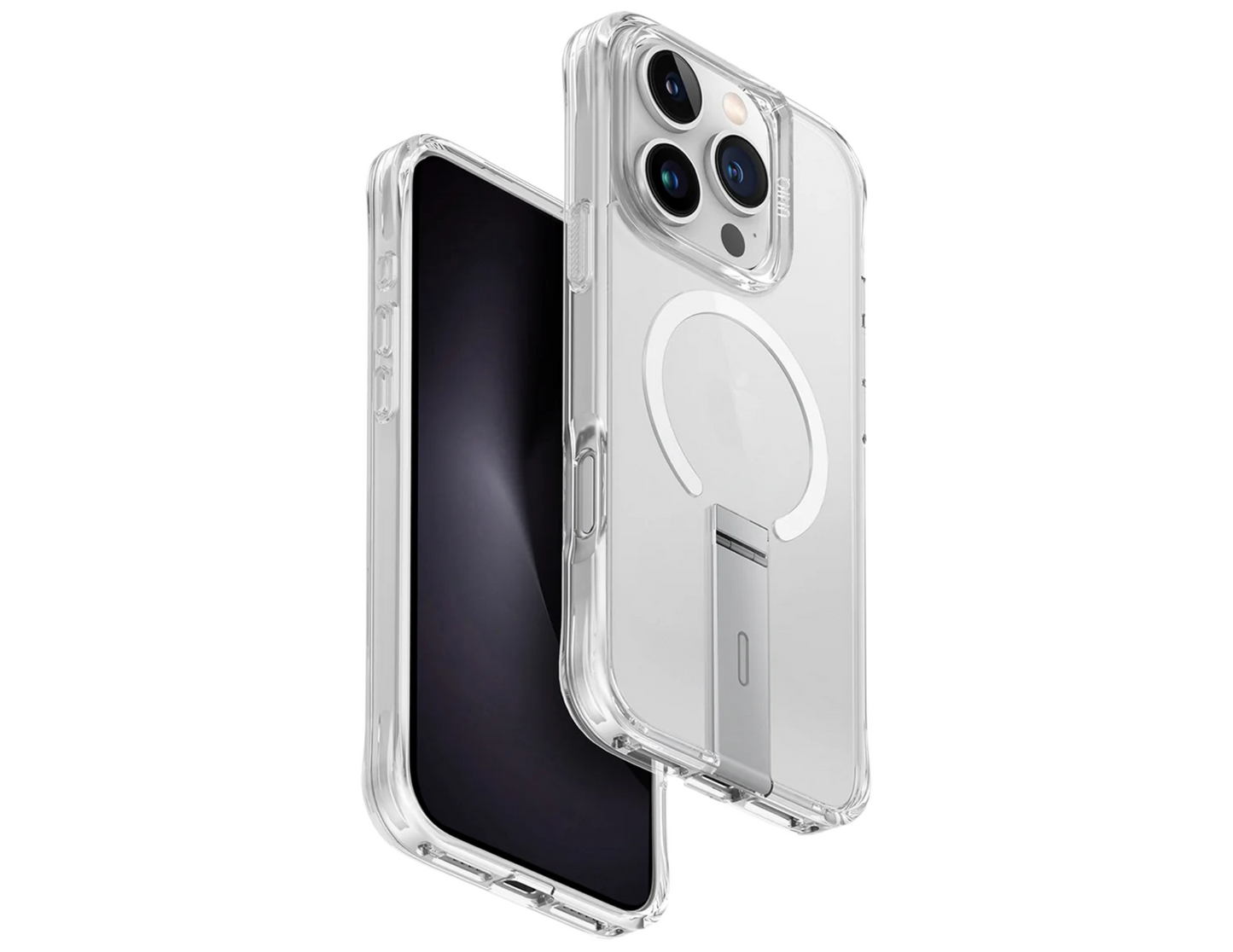 Front view of Uniq Eleva Case Clear on iPhone 16 Pro Max showing sleek design.