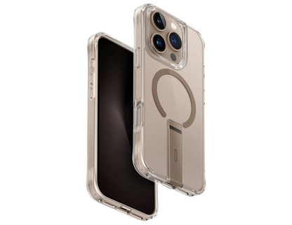 Front view of Uniq Eleva Case Gold on iPhone 16 Pro Max showing sleek design.