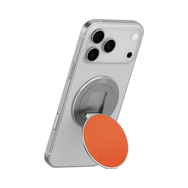 Uniq Grivix Flame Orange magnetic grip stand aluminum vegan leather phone mount Qatar