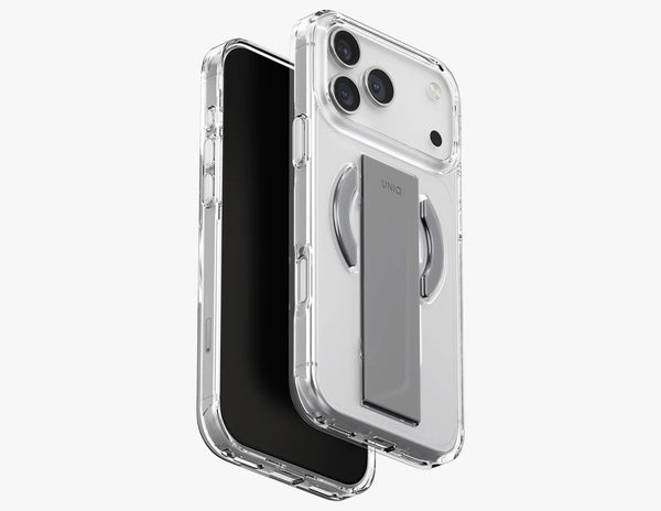 Uniq Heldro Air Slim FlexGrip™ Magnetic Case for iPhone 17 Pro & Pro Max, MagClick, clear anti-yellowing finish, wrist strap, at Thabthaba Store Qatar
