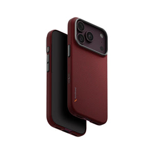 UNIQ Keva Edge Ember Red aramid fiber case for iPhone 18 Pro with HapticCore Camera Control and MagClick magnetic charging compatibility in Qatar