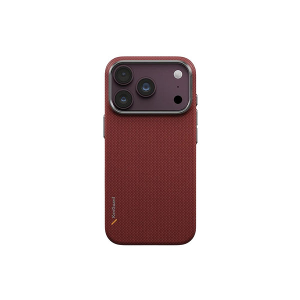 UNIQ Keva Edge Ember Red aramid fiber case for iPhone 18 Pro with HapticCore Camera Control and MagClick magnetic charging compatibility in Qatar