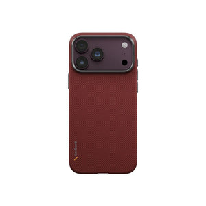 UNIQ Keva Edge Ember Red aramid fiber case for iPhone 18 Pro Max with HapticCore Camera Control and MagClick magnetic charging compatibility in Qatar