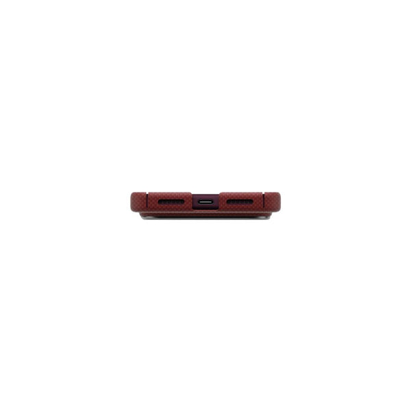 UNIQ Keva Edge Ember Red aramid fiber case for iPhone 18 Pro Max with HapticCore Camera Control and MagClick magnetic charging compatibility in Qatar