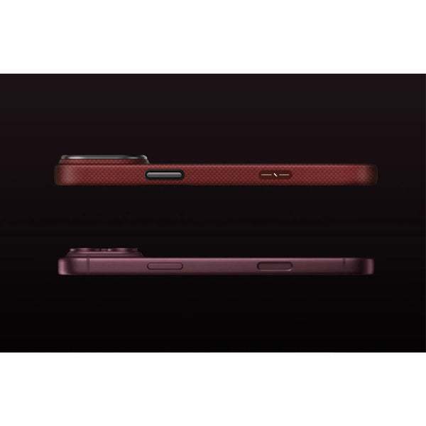 UNIQ Keva Edge Ember Red aramid fiber case for iPhone 18 Pro Max with HapticCore Camera Control and MagClick magnetic charging compatibility in Qatar