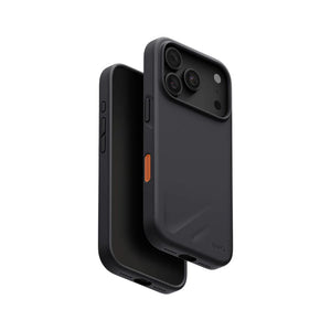 UNIQ Lino Charcoal Grey hybrid silicone case for iPhone 18 Pro with microfiber lining, raised camera bezel, HapticCore Camera Control and MagClick compatibility in Qatar