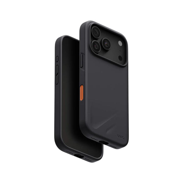 UNIQ Lino Charcoal Grey hybrid silicone case for iPhone 18 Pro with microfiber lining, raised camera bezel, HapticCore Camera Control and MagClick compatibility in Qatar