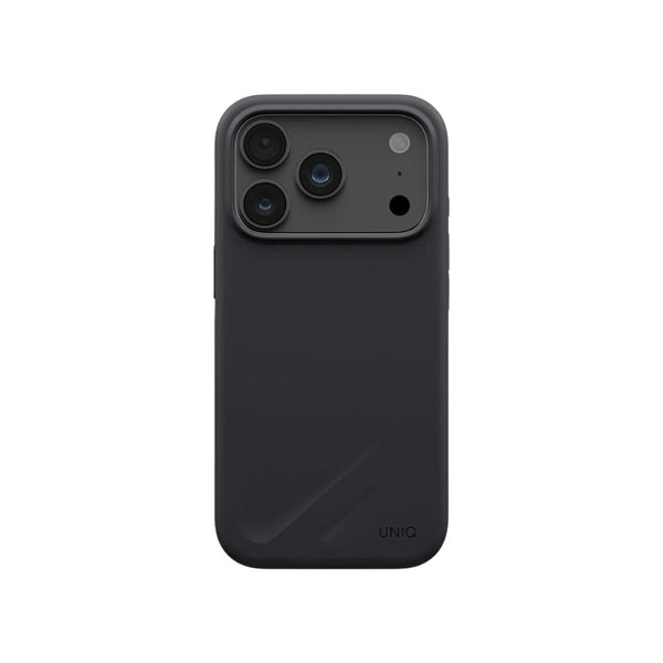 UNIQ Lino Charcoal Grey hybrid silicone case for iPhone 18 Pro with microfiber lining, raised camera bezel, HapticCore Camera Control and MagClick compatibility in Qatar
