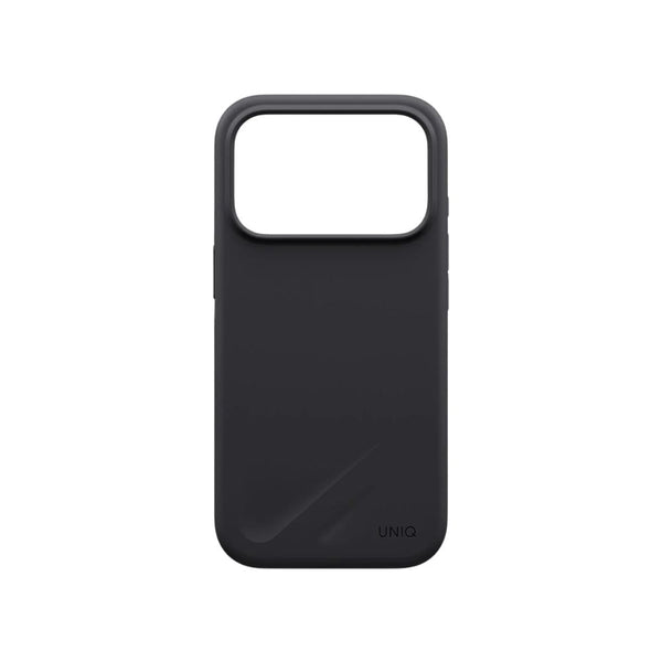 UNIQ Lino Charcoal Grey hybrid silicone case for iPhone 18 Pro with microfiber lining, raised camera bezel, HapticCore Camera Control and MagClick compatibility in Qatar