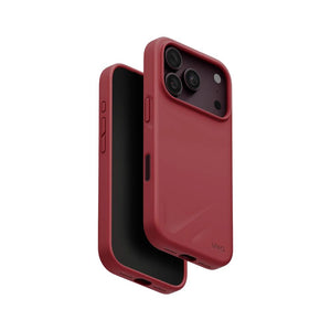 UNIQ Lino Cranberry Red hybrid silicone case for iPhone 18 Pro with microfiber lining, raised camera bezel, HapticCore Camera Control and MagClick compatibility in Qatar