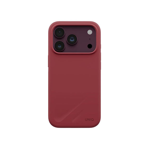 UNIQ Lino Cranberry Red hybrid silicone case for iPhone 18 Pro with microfiber lining, raised camera bezel, HapticCore Camera Control and MagClick compatibility in Qatar