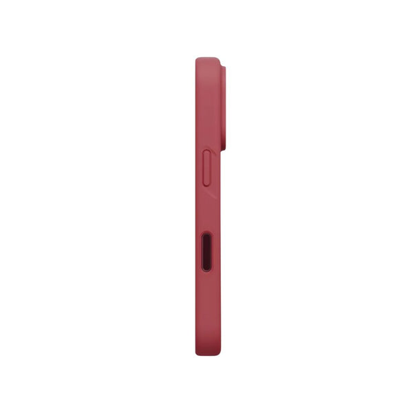UNIQ Lino Cranberry Red hybrid silicone case for iPhone 18 Pro with microfiber lining, raised camera bezel, HapticCore Camera Control and MagClick compatibility in Qatar