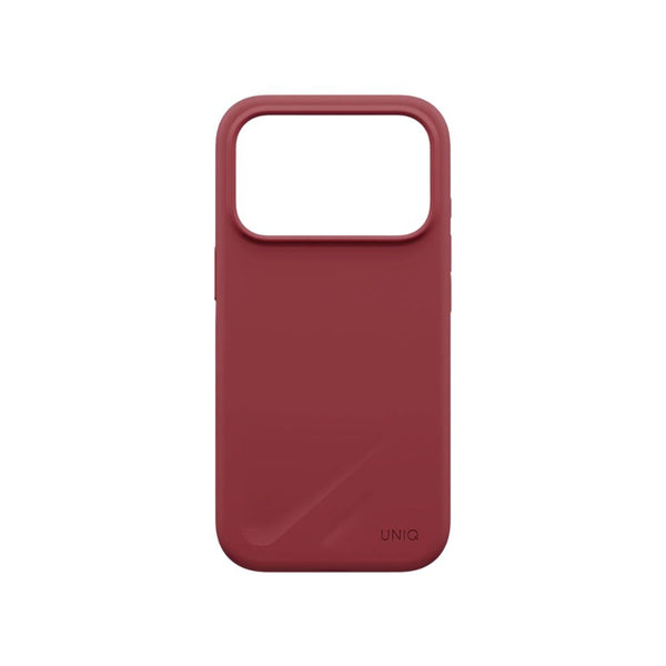 UNIQ Lino Cranberry Red hybrid silicone case for iPhone 18 Pro with microfiber lining, raised camera bezel, HapticCore Camera Control and MagClick compatibility in Qatar