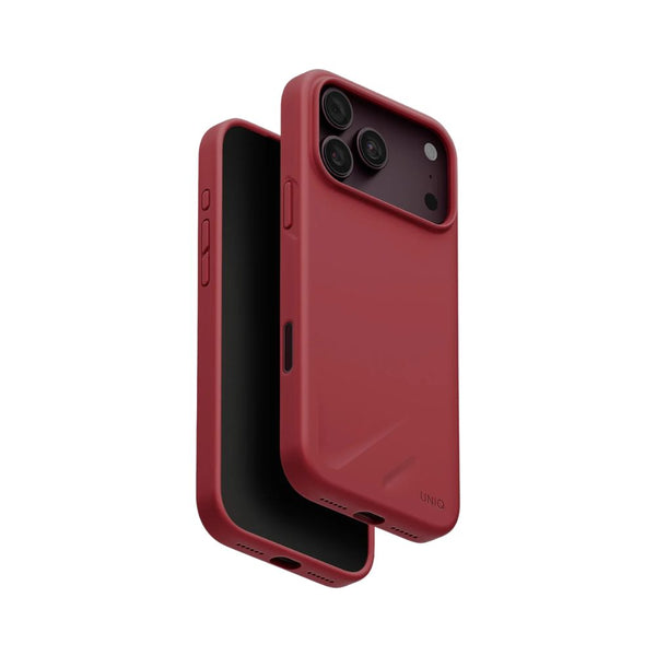 UNIQ Lino Cranberry Red hybrid silicone case for iPhone 18 Pro Max with microfiber lining, raised camera bezel, HapticCore Camera Control and MagClick compatibility in Qatar