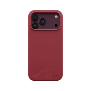 UNIQ Lino Cranberry Red hybrid silicone case for iPhone 18 Pro Max with microfiber lining, raised camera bezel, HapticCore Camera Control and MagClick compatibility in Qatar