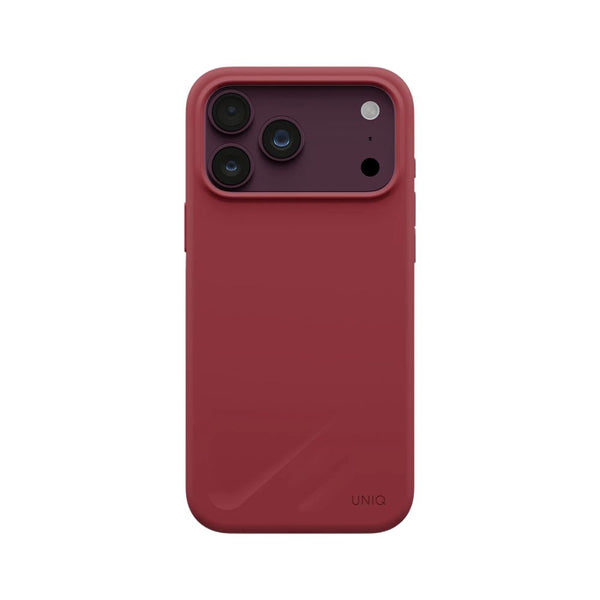 UNIQ Lino Cranberry Red hybrid silicone case for iPhone 18 Pro Max with microfiber lining, raised camera bezel, HapticCore Camera Control and MagClick compatibility in Qatar