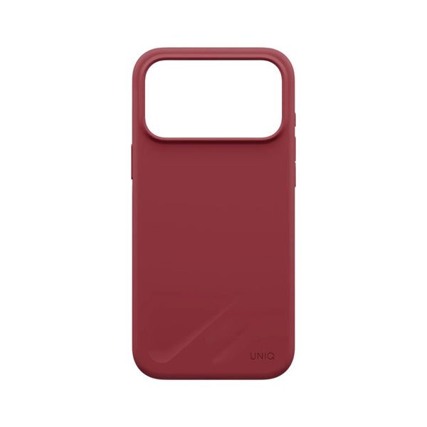UNIQ Lino Cranberry Red hybrid silicone case for iPhone 18 Pro Max with microfiber lining, raised camera bezel, HapticCore Camera Control and MagClick compatibility in Qatar