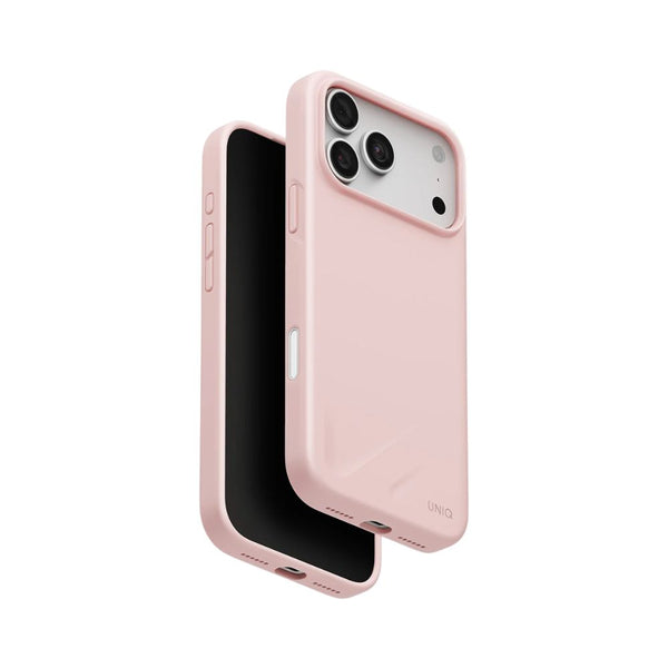 UNIQ Lino Pale Rose hybrid silicone case for iPhone 18 Pro Max with microfiber lining, raised camera bezel, HapticCore Camera Control and MagClick compatibility in Qatar