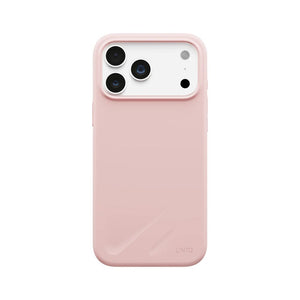 UNIQ Lino Pale Rose hybrid silicone case for iPhone 18 Pro Max with microfiber lining, raised camera bezel, HapticCore Camera Control and MagClick compatibility in Qatar