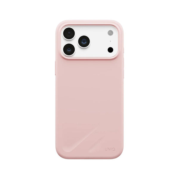 UNIQ Lino Pale Rose hybrid silicone case for iPhone 18 Pro Max with microfiber lining, raised camera bezel, HapticCore Camera Control and MagClick compatibility in Qatar