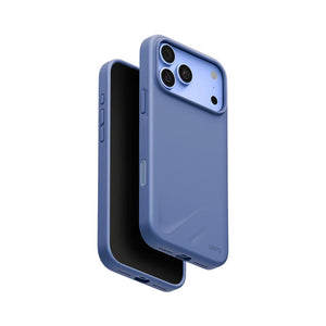 UNIQ Lino Pebble Blue hybrid silicone case for iPhone 18 Pro Max with microfiber lining, raised camera bezel, HapticCore Camera Control and MagClick compatibility in Qatar