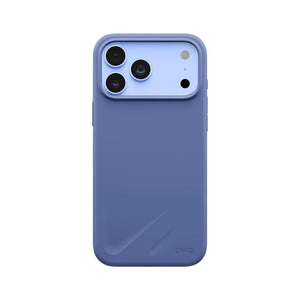 UNIQ Lino Pebble Blue hybrid silicone case for iPhone 18 Pro Max with microfiber lining, raised camera bezel, HapticCore Camera Control and MagClick compatibility in Qatar