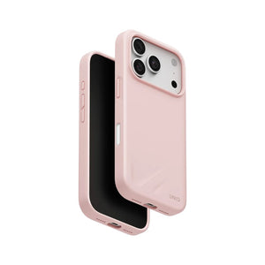 UNIQ Lino Pale Rose hybrid silicone case for iPhone 18 Pro with microfiber lining, raised camera bezel, HapticCore Camera Control and MagClick compatibility in Qatar
