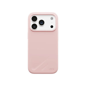 UNIQ Lino Pale Rose hybrid silicone case for iPhone 18 Pro with microfiber lining, raised camera bezel, HapticCore Camera Control and MagClick compatibility in Qatar