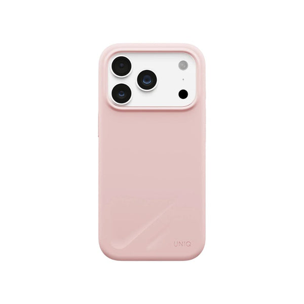 UNIQ Lino Pale Rose hybrid silicone case for iPhone 18 Pro with microfiber lining, raised camera bezel, HapticCore Camera Control and MagClick compatibility in Qatar