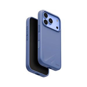UNIQ Lino Pebble Blue hybrid silicone case for iPhone 18 Pro with microfiber lining, raised camera bezel, HapticCore Camera Control and MagClick compatibility in Qatar