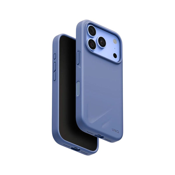 UNIQ Lino Pebble Blue hybrid silicone case for iPhone 18 Pro with microfiber lining, raised camera bezel, HapticCore Camera Control and MagClick compatibility in Qatar