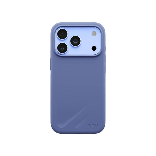 UNIQ Lino Pebble Blue hybrid silicone case for iPhone 18 Pro with microfiber lining, raised camera bezel, HapticCore Camera Control and MagClick compatibility in Qatar