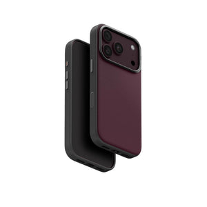 UNIQ Lyden DS Deep Maroon vegan leather case for iPhone 18 Pro with aluminium camera bezel, HapticCore Camera Control and MagClick magnetic charging in Qatar