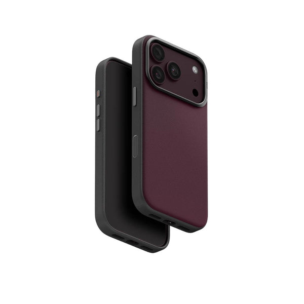 UNIQ Lyden DS Deep Maroon vegan leather case for iPhone 18 Pro with aluminium camera bezel, HapticCore Camera Control and MagClick magnetic charging in Qatar
