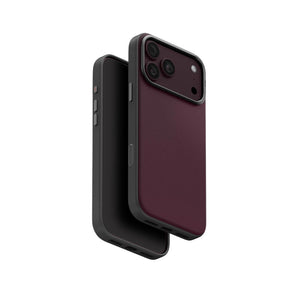 UNIQ Lyden DS Deep Maroon vegan leather case for iPhone 18 Pro Max with aluminium camera bezel, HapticCore Camera Control and MagClick magnetic charging in Qatar