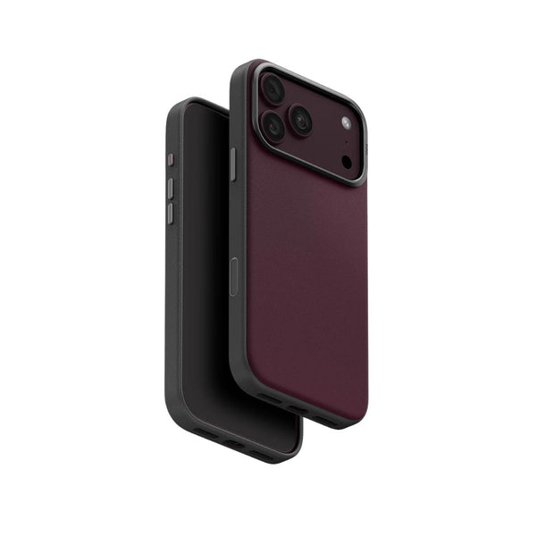 UNIQ Lyden DS Deep Maroon vegan leather case for iPhone 18 Pro Max with aluminium camera bezel, HapticCore Camera Control and MagClick magnetic charging in Qatar