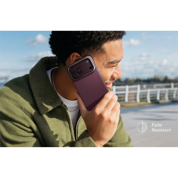 UNIQ Lyden DS Deep Maroon vegan leather case for iPhone 18 Pro Max with aluminium camera bezel, HapticCore Camera Control and MagClick magnetic charging in Qatar