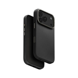 UNIQ Lyden Dallas Black vegan leather case for iPhone 18 Pro with aluminium accents and MagClick™ compatibility in Qatar