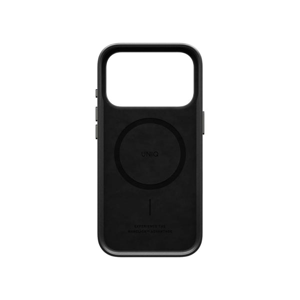 UNIQ Lyden Dallas Black vegan leather case for iPhone 18 Pro with aluminium accents and MagClick™ compatibility in Qatar