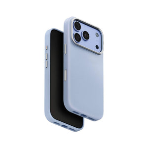 UNIQ Lyden Frost Blue vegan leather case for iPhone 18 Pro with aluminium accents and MagClick™ compatibility in Qatar